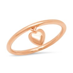 14K Rose Gold Hanging Heart Ring 14k Rose Gold Stackable Promise Rings, Heart-shaped Rose Gold Solitaire Jewelry, Heart Shaped Rose Gold Solitaire Jewelry, Rose Gold Open Ring Stackable Promise Rings, Rose Gold Heart Solitaire Jewelry, Rose Gold Solitaire Ring For Valentine's Day, Rose Gold Promise Midi Rings With Round Band, Elegant Stackable Heart Charm Rings As Promise Ring, Stackable Rose Gold Heart Ring In 14k Gold