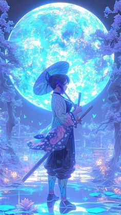 a woman standing in front of a full moon holding a stick and wearing a hat