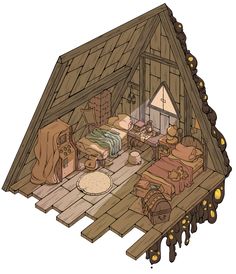 a drawing of a small cabin with furniture and decor on the floor, including a bed