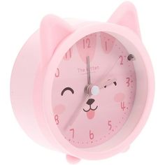 a pink clock with a cat face on it's face and numbers painted on the face