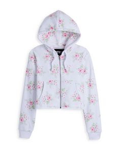 KatieJnyc Girls' Floral Crop Zip Hoodie - Big Kid Stretch Hoodie Sweatshirt For Spring, Spring White Fitted Sweatshirt, Spring Fleece Stretch Hoodie, Fitted White Hoodie For Spring, White Fitted Sweatshirt For Spring, Fitted White Sweatshirt For Spring, Fitted Casual Sweatshirt For Spring, Fitted Cotton Hoodie For Spring, Cute Spring Hoodie Outerwear