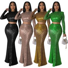 Women's Waistless Fishtail Dress Autumn Sequins Two-Piece Solid Fashion Party   Product Description * Material：Polyster * Color：Black，Green，Gold，Champagne * Size : S-2XL * Package include：1pcs dress     Please note: 1.Please allow a little error due to manual measurement. 2.The color maybe a little difference because of the light,screen reflection etc. 3.If you are not sure what size to choose, you can tell us your foot length, we will recommend the right size for you.        Contact Us 1. If you have any questions, please feel free to contact us, we will reply to your email within 1-2 working days. 2. If you find that the product has quality problems after receiving the product, please contact us. We will refund your full or exchange the goods according to your wishes. 3. If the item is l Sequin Stretch Maxi Dress For Night Out, Stretch Sequin Maxi Dress For Night Out, Elegant Stretch Sets For Party, Elegant Stretch Party Set, Stretch Maxi Dress With Sequins, Stretch Gown For Prom Season Party, Stretch Long Sleeve Dress For Party Season, Green Sequin Fishtail Dress, Green Sequined Fishtail Dress