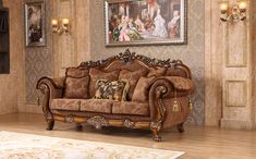 an ornately decorated living room with couches and rugs