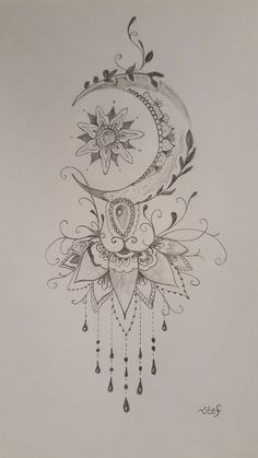 a drawing of a crescent with flowers on the side and a moon in the middle