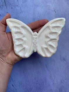 a hand holding a white butterfly shaped object