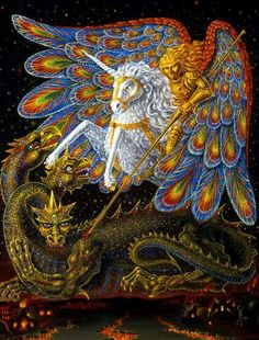 an artistic painting of a winged unicorn and dragon