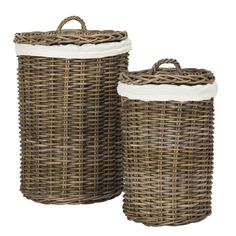 two brown wicker baskets with white lids