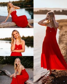 a woman in a red dress posing on the beach with her hands behind her head