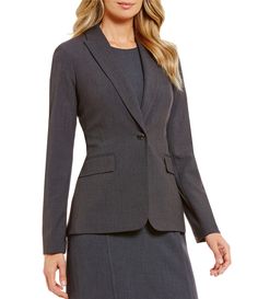 From Calvin Klein&#x2C; this women's jacket is chic and sophisticated. A button-front closure and notch collar provide shape and create a flattering silhouette.  one-button front closure notch collar front flap pockets approx. 26" long from center back polyester/rayon/spandex; dry clean Imported. Luxury Calvin Klein Notch Lapel Suits, Classic Button-up Outerwear For Work, Classic Workwear Outerwear With Button Closure, Classic Outerwear With Button Closure For Work, Classic Outerwear With Buttons For Work, Professional Button-up Outerwear For Office, Professional Winter Outerwear With Lapel Collar, Semi-formal Fall Button-up Suits, Button-up Office Outerwear With Welt Pockets