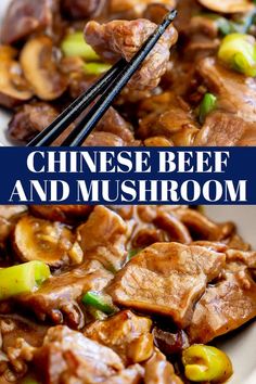 chinese beef and mushroom stir fry with chopsticks