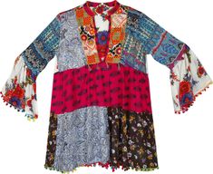 Voluminous bell sleeves, colorful printed patchwork take this pretty boho dress to another level of fun and frolic. Rainbow pop-pom accents at the hemline and embroidery on the yoke have a subtle glam effect. #tlb #XLPlus #Misses #vacationclothing #beachwrap #Floral #Printed #bohemianfashion #PatchworkBohoTunic #LongTunic #PeasantTunic #BellSleeveTunicDress Multicolor Folk Boho Dress For Spring, Multicolor Folk Style Boho Dress For Spring, Multicolor Boho Dress For Spring, Multicolor Bohemian Boho Dress For Fall, Multicolor Folk Boho Dress For Vacation, Multicolor Folk-inspired Boho Dress For Vacation, Fall Multicolor Printed Boho Dress, Printed Multicolor Boho Dress For Fall, Multicolor Folk Long Sleeve Dress