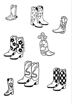 a black and white drawing of cowboy boots with different designs on them, all in the same pattern