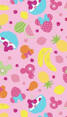 a pink background with fruit and berries on it