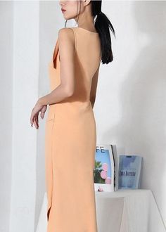 Organic Apricot side open Cotton asymmetrical design Summer Dress - SooLinen Knee-length Midi Dress With Side Slits, Solid Knee-length Midi Dress With Side Slits, Chic Midi Dress With Split Design And V-neck, Chic Midi Dress With V-neck And Split Design, Fitted Sleeveless Midi Dress With Split Design, Asymmetrical Solid Color Midi Dress, Spring Knee-length Midi Dress With Split Design, V-neck Midi Dress With Split Design, Solid Color Midi Dress With Side Slits