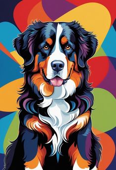 a dog is sitting in front of an abstract background with colorful circles and the words bern shepard on it