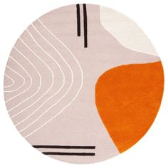 a circular rug with an orange and white design on the bottom, in front of a white background