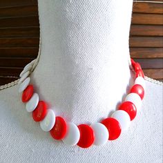 Vintage Estate Nwot 1982 Avon Newport Disc Necklace Flag Red/Sail White Layered Bead Retro Statement Costume Fashion Jewelry Collectable Size - 16" You Will Receive What Is Pictured Great Condition! The Images As An Integral Part Of Description. Estate And Vintage Items Normally Have Been Loved And Used So Pieces May Have Signs Of Wear. Vintage White Round Beaded Necklaces, Retro White Beaded Necklace With Round Beads, Retro White Beaded Necklaces With Round Beads, Handmade Retro Red Beaded Necklaces, Handmade Red Retro Beaded Necklaces, Handmade Retro White Necklace, Handmade Red Beaded Retro Necklace, Retro Red Beaded Necklace, White Handmade Retro Beaded Necklaces