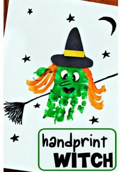 a handprinted witch card with an orange hair and black hat on it's head