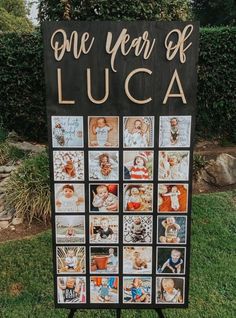 a one year of luga sign with pictures on it in front of some bushes