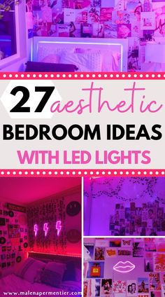 the bedroom is decorated in pink and purple lights with pictures on the wall behind it