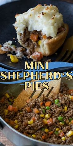 a close up of food in a pan on a table with the words mini shepherd's pies