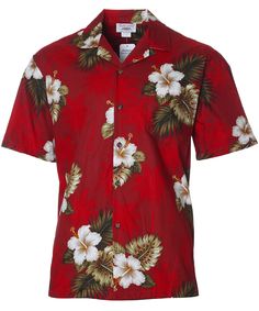 100% Cotton Fabric Open Pointed Folded Collar Coconut Shell Buttons Matching Left Pocket Colors: Red, Navy, Black Sizes: S - 3XL Care: Machine Wash Cold, Cool Iron Made in Hawaii - USA Red Tropical Print Short Sleeve Hawaiian Shirt, Red Floral Print Hawaiian Shirt With Short Sleeves, Red Tropical Camp Shirt For Vacation, Red Hibiscus Print Top For Summer, Red Hibiscus Print Summer Top, Red Tropical Hawaiian Shirt With Short Sleeves, Beach Hawaiian Shirt With Floral Print In Red, Beach Hawaiian Shirt With Floral Print, Red Floral Hawaiian Shirt For Beach