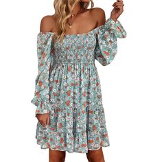 Turquoise Pleated Off Shoulder Floral Dress Casual Flowy Turquoise Dress, Casual Turquoise Floral Print Dress, Turquoise Flowy Dress For Spring, Flowy Turquoise Dress For Spring, Spring Turquoise Floral Print Dress, Turquoise Mini Dress For Spring, Fitted Turquoise Mini Dress For Vacation, Chic Turquoise Mini Dress For Spring, Turquoise Flowy Long Sleeve Dress