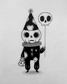 a black and white drawing of a skeleton holding a balloon with a skull on it