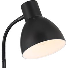 a black lamp with a white light on it's side and a black arm