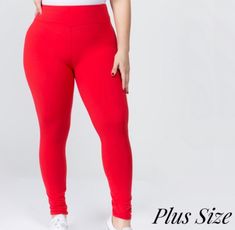 lightweight, full-length leggings have a 3" waistband. 92% Polyester 8% Spandex. One size fits most women's plus 16-20. Full Length, Spandex, Leggings, Plus Size, Boutique, Pants, Red, Trousers