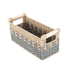 a blue and white basket with handles on the bottom is sitting in front of a white background