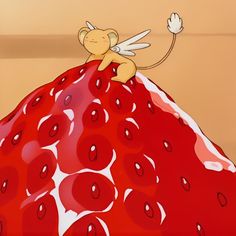 a drawing of a monkey sitting on top of a giant strawberry with lots of cherries