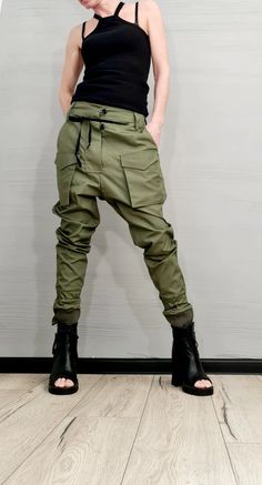 Extravagant Military Green Pants Harem Casual Pants Urban | Etsy Pantalones Boyfriend, Military Green Pants, Wholesale Clothing Vendors, Hands In Pockets, Steampunk Shoes, Gothic Pants, Boyfriend Pants, Pants Loose, Green Pants