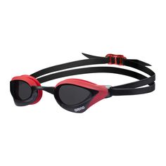 a pair of swimming goggles with red frames and black lenses on the side, against a white background