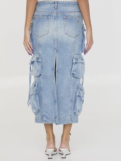 Cargo midi skirt in sky blue cotton denim. It features zip and button closure, multi-pocket design, belt loops and The Attico logo embroidered at the back. Regular fit. The model is 180cm tall and wears size 26.Size nationality: US Product number: 35704336 Product code: WCS189D073024 Composition: 100% cotton Denim Blue Cotton Skirt With Belt Loops, Blue Cotton Denim Skirt With Belt Loops, Spring Denim Blue Skirt With Side Pockets, High Rise Denim Cargo Skirt With Side Pockets, Denim Blue Cargo Skirt For Spring, High Rise Denim Skirt With Side Pockets, Spring High-rise Cargo Skirt With Pockets, Spring High Rise Cargo Skirt With Pockets, Blue Denim Cargo Skirt With Pockets