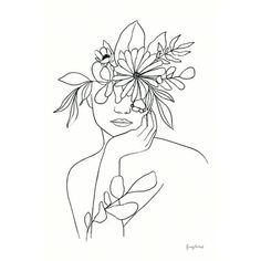 a black and white drawing of a woman with flowers in her hair on her head