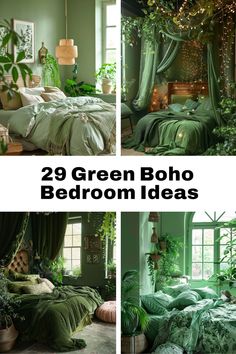 green boho bedroom decor ideas with plants and greenery on the walls, bedding in