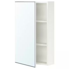 the medicine cabinet is white and has two shelves on one side, and an open door on the other