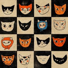 an image of many different colored cats on black and white squares with orange, red, blue, green, and yellow faces