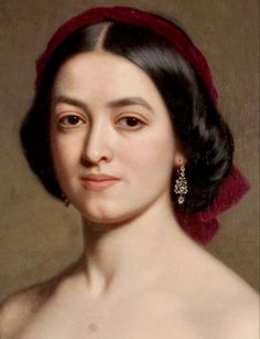 an old portrait of a woman wearing a red headband and black dress with earrings