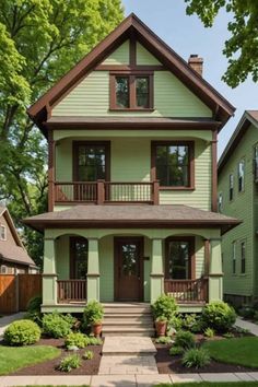 a two story house with green siding and brown trim on the front porch, along with landscaping