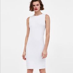 Cute Body Con Dress White Stretch Sheath Dress, White Bodycon Sheath Sleeveless Dress, Chic White Sleeveless Bodycon Dress, Chic Sleeveless Stretch Dress By Zara, Spring Bodycon Sheath Midi Dress, Elegant Stretch Sleeveless Dress By Zara, Elegant Sleeveless Stretch Dress By Zara, Zara Fitted Sleeveless Dress For Work, Zara Sleeveless Stretch Dress