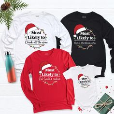 Christmas Long Sleeve, Most Likely Shirt, Custom Family Shirt, Matching Christmas, Christmas Sweatshirt, Christmas Party Tee, Santa Hat Shirt, Christmas Light Shirts Hi! Welcome to our store. It's good to see you here. Stay cozy and festive this season with our Christmas Long Sleeve! Perfect for creating holiday memories, this Custom Family Shirt is ideal for matching with loved ones during your favorite traditions. Whether it's a Matching Christmas look for photos or a fun Christmas Party Tee f Family Matching Crew Neck T-shirt For Holiday, Family Matching Holiday T-shirt With Crew Neck, Red Family Matching T-shirt For Christmas, Family Matching Festive Crew Neck T-shirt, Family Matching Long Sleeve Christmas T-shirt, Family Matching Christmas, Family Shirts Matching, Christmas Hoodies, Matching Tees