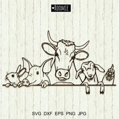 a cow and three pigs are standing behind a wooden panel with the words svg dxf eps png