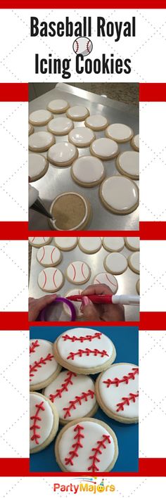 baseball royal icing cookies are shown in three different pictures, one is white and the other is red