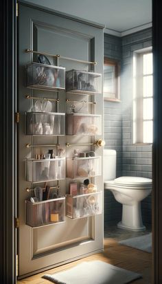 a bathroom door is open with clear storage bins on the front and back sides