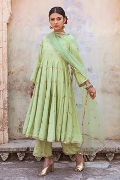 Shop for Gulabo Jaipur Green Muslin Chandni Pastel Embroidered Anarkali Set for Women Online at Aza Fashions Pastel Anarkali, Gulabo Jaipur, Sequin Lehenga, Satin Embroidery, Embroidered Anarkali, Designer Gowns, Indian Design, Kids Sleepwear, Set For Women