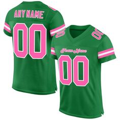 a women's green football jersey with pink lettering