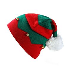 a red and green knitted hat with white pom - pom