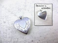 Personalized Photo Locket 925 STERLING SILVER Flower Heart Charm w/optional Engraving on Back - Custom Mothers Day Small Heart Necklace Wear your favorite photo of your loved ones on a 925 Sterling Silver Flower Heart Locket (2 other styles available). Back side is engravable with text of your choice - try to limit to one word. Comes on a 20 inch Sterling Silver Link Chain with lobster clasp. This makes a personalized and timeless treasure that you can enjoy for years to come... This locket also Mother's Day Sterling Silver Locket Necklace Gift For Mom, Engraved Sterling Silver Locket Necklace For Mom, Personalized Sterling Silver Locket Necklace For Mom, Engraved Locket Necklace For Mom For Valentine's Day, Sterling Silver Locket Necklace Gift For Mom, Sterling Silver Locket Necklace For Mom, Silver Jewelry With Engraving Option For Valentine's Day, Elegant Silver Locket Necklace As Gift For Mom, Mother's Day Sterling Silver Locket Necklace Keepsake